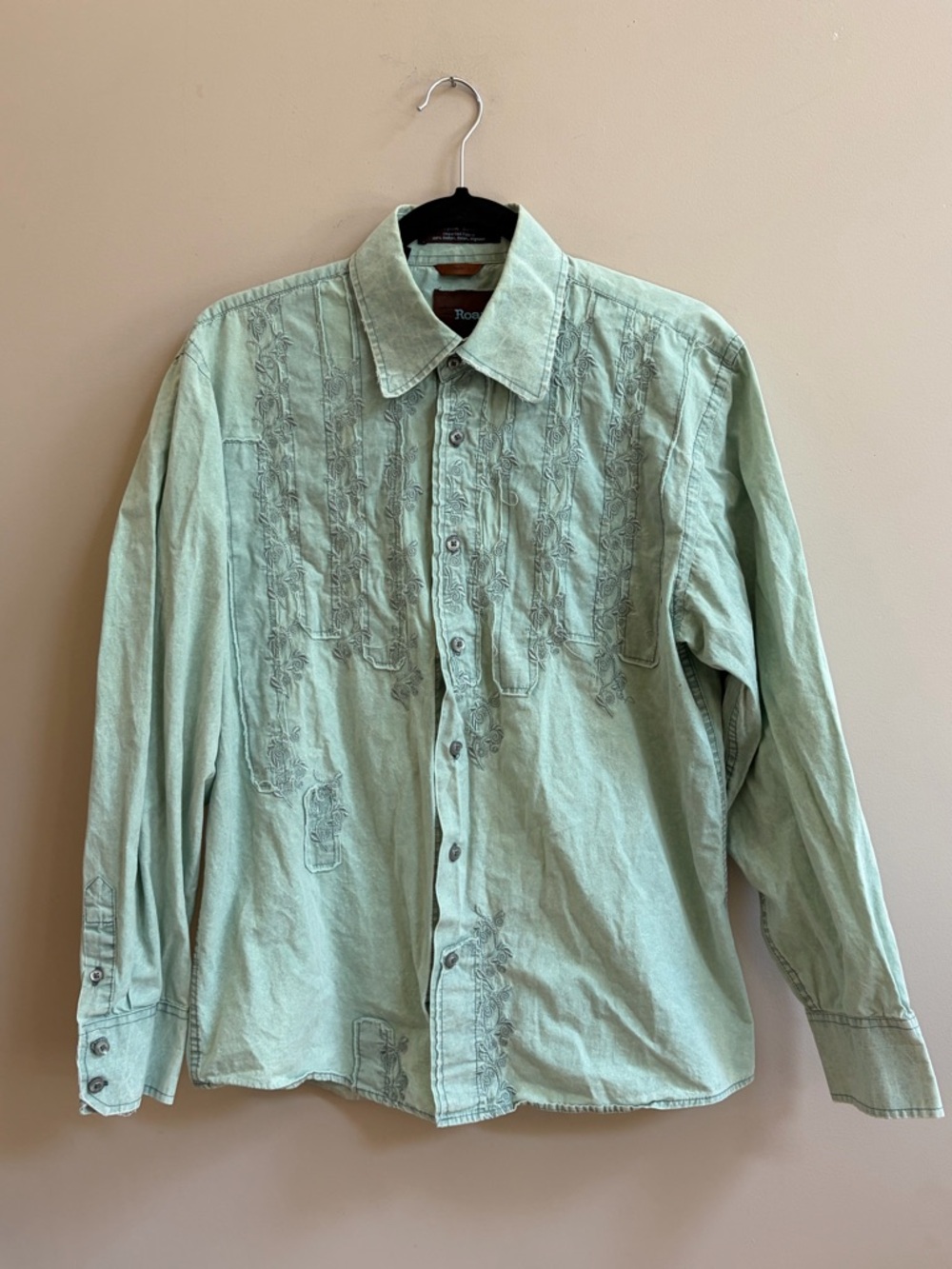 ROAR Poplin Douce Button Up Long Sleeve Distressed Embroidered Cotton Shirt Top